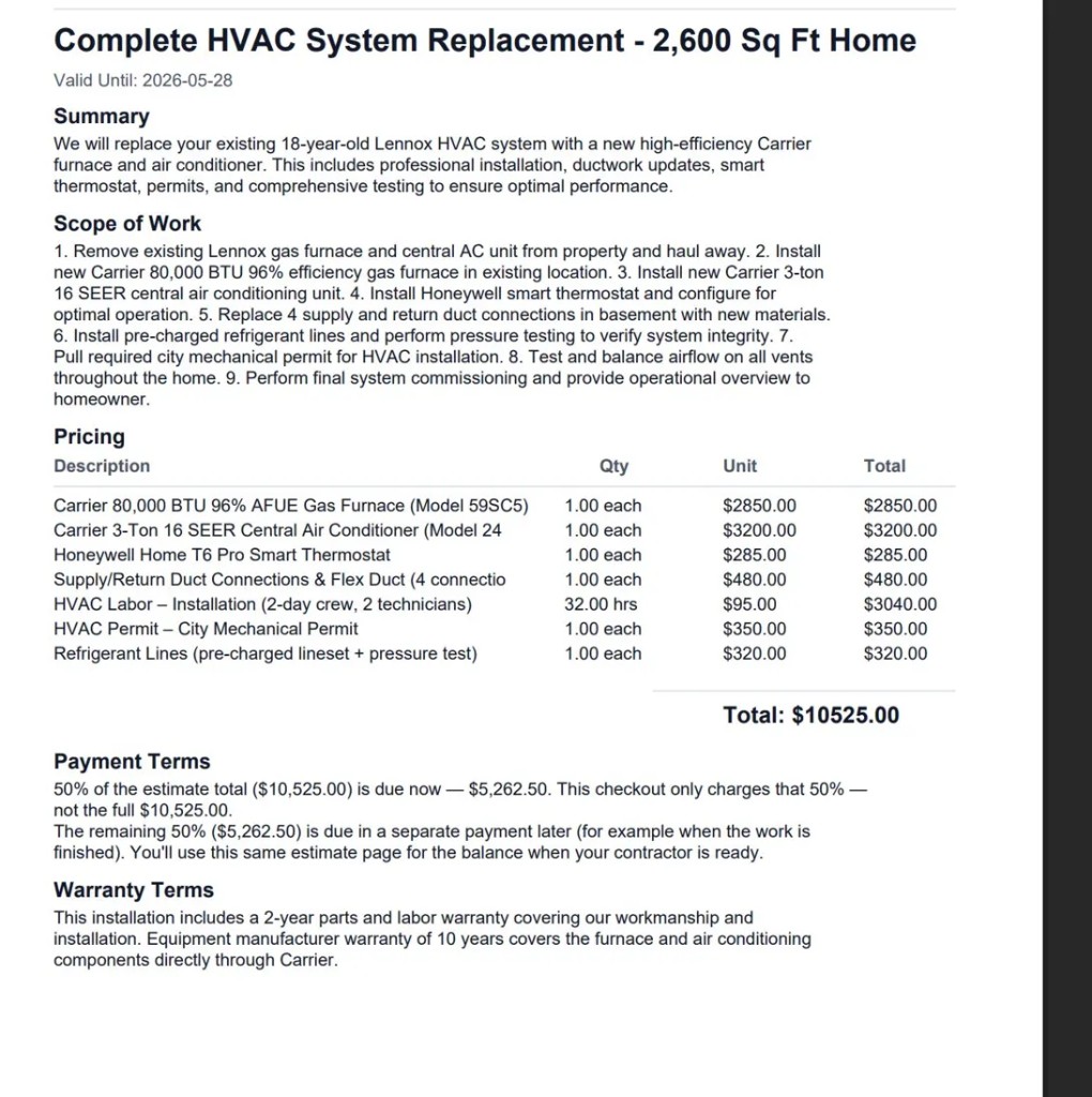 Exported PDF estimate: summary, scope, pricing table, and total