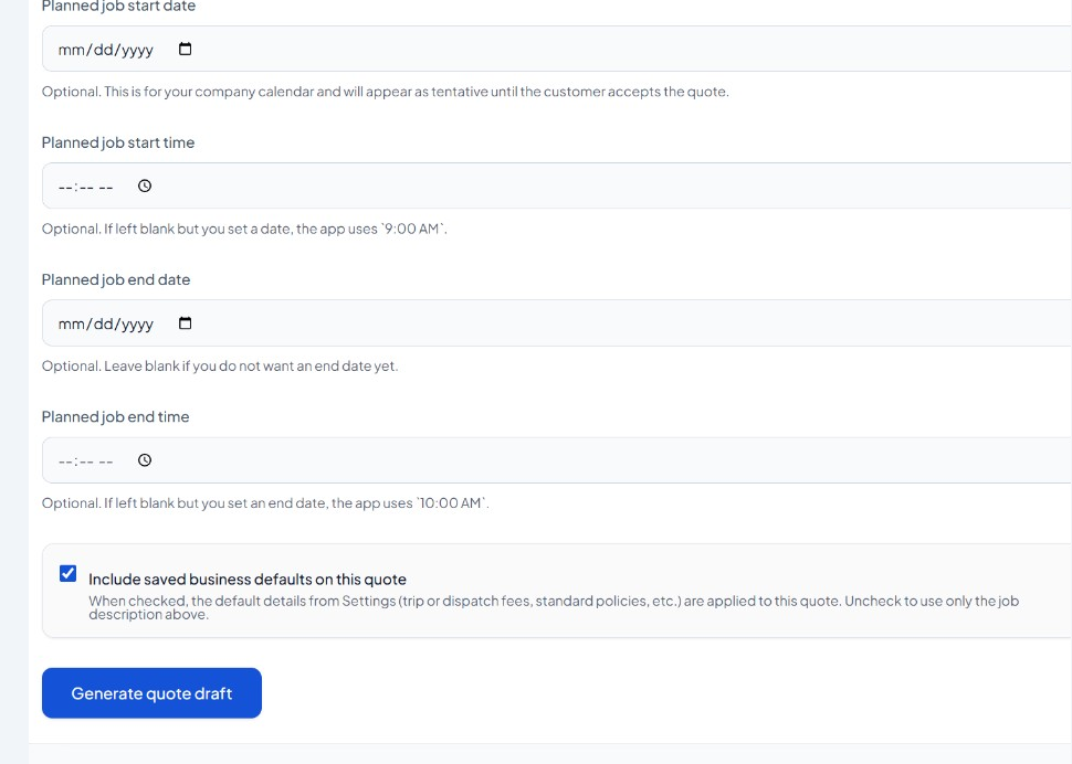 Jorvio new quote form: planned times, business defaults, and generate draft (bottom)